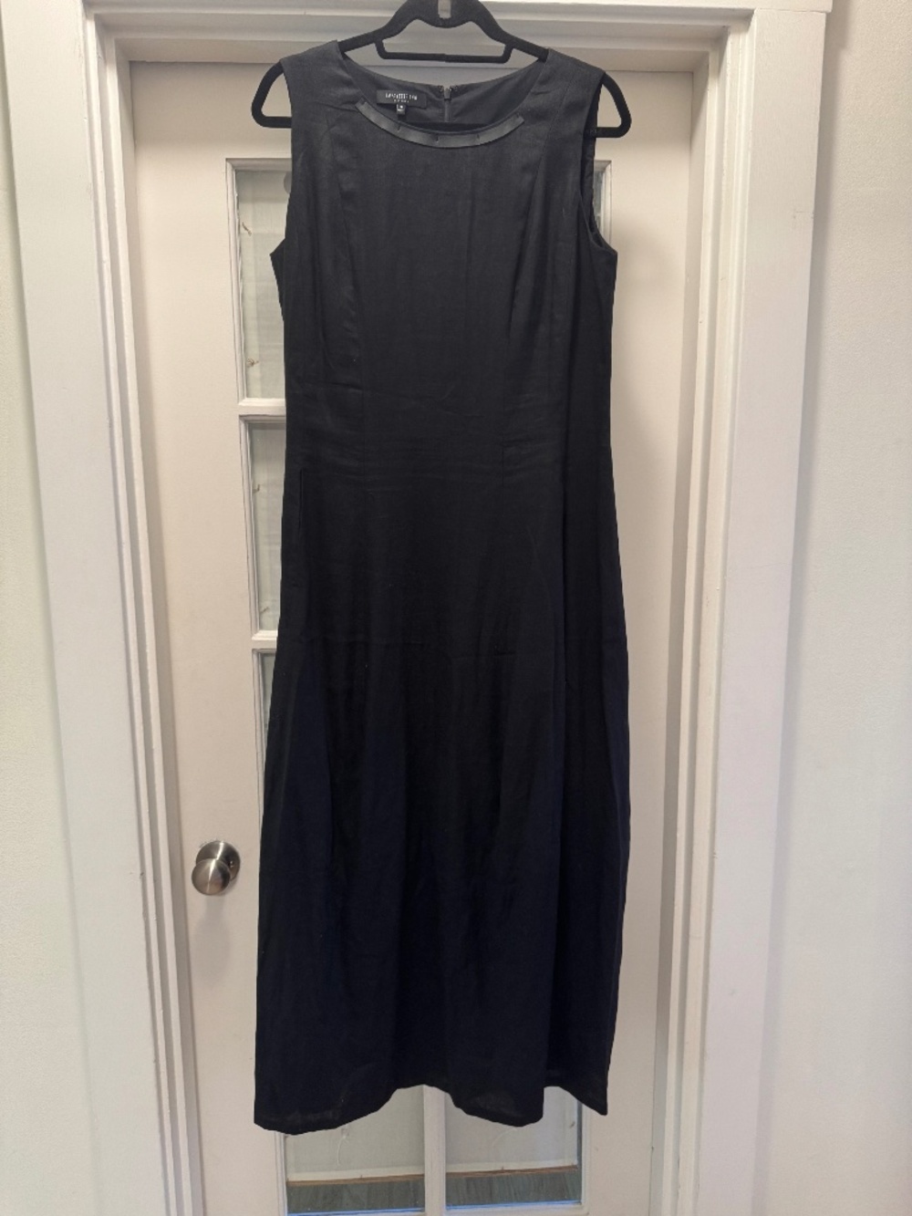Lafayette 148 Black Linen Sleeveless Midi Dress Leather Trim Sz 12